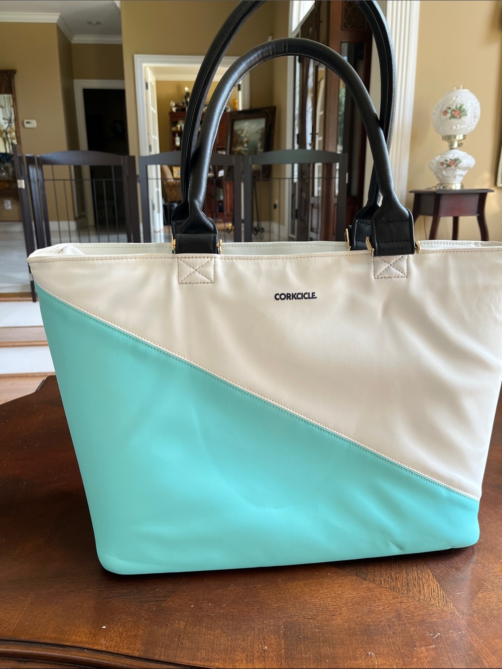 Corkcicle Mint and Cream Diagonal Tote with Black Handles